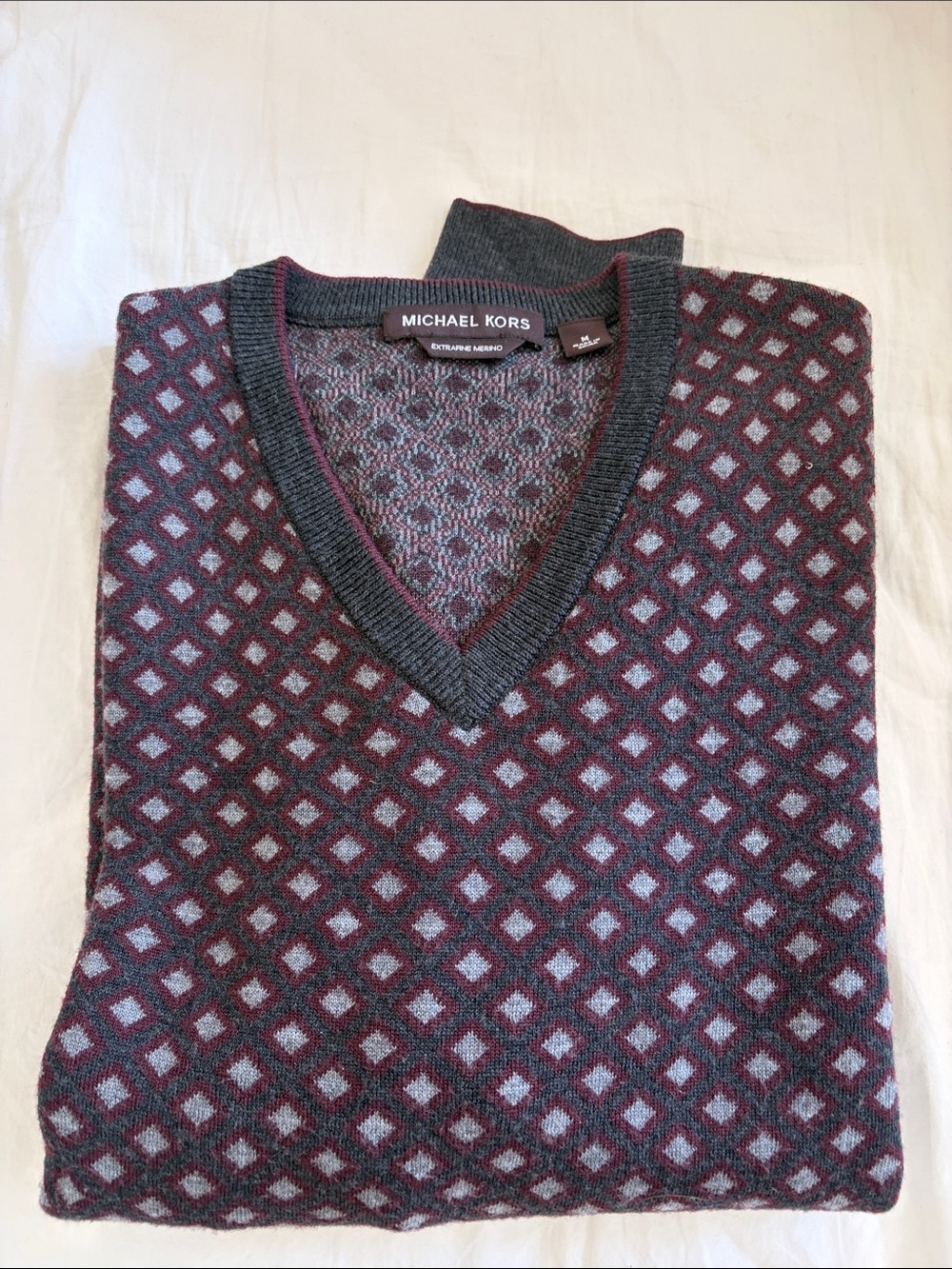 Michael Kors Men’s V-Neck Patterned Wool Sweater — Charcoal & Burgundy